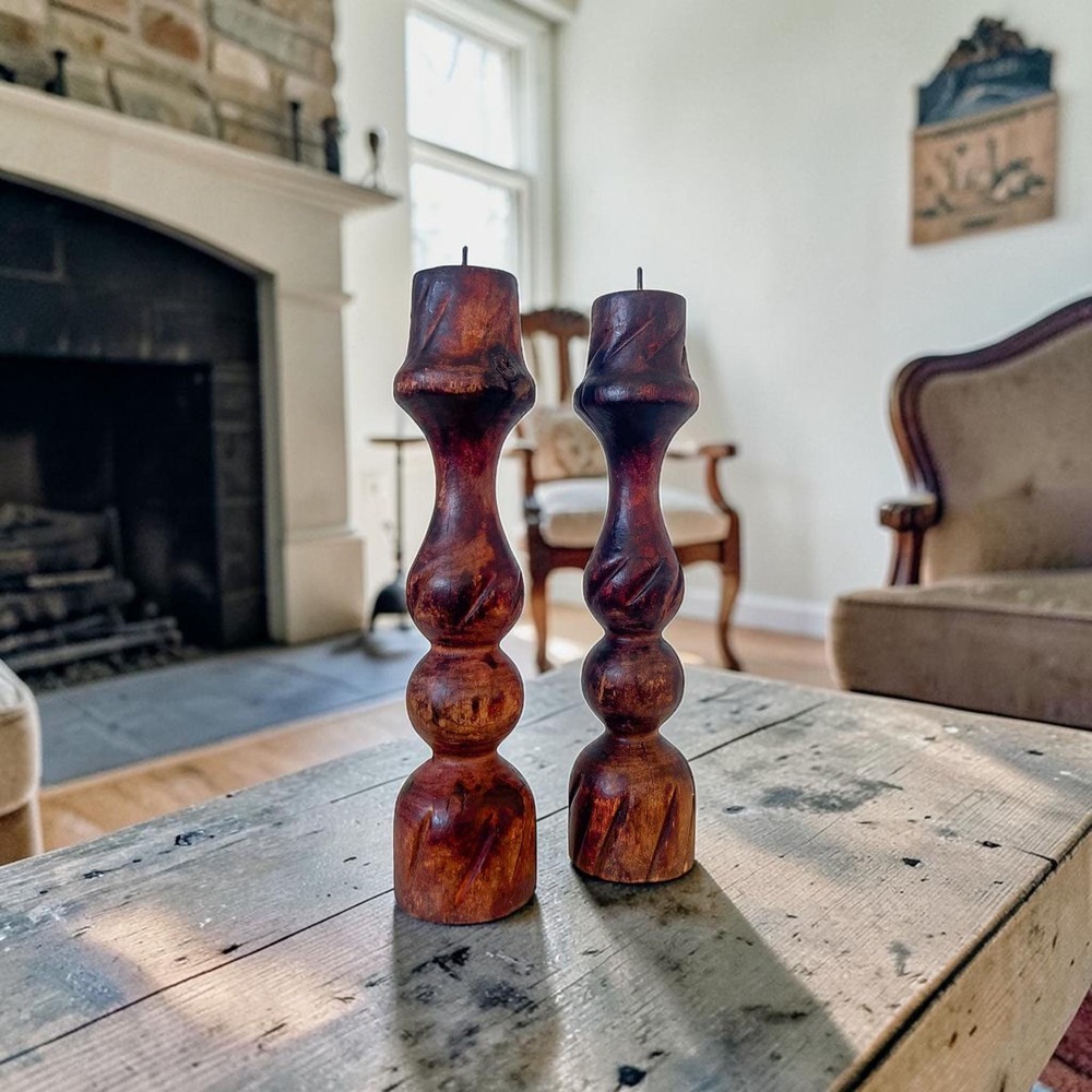 Set of 2 - Vintage Stick Candle Wood Pedestals, Handcarved